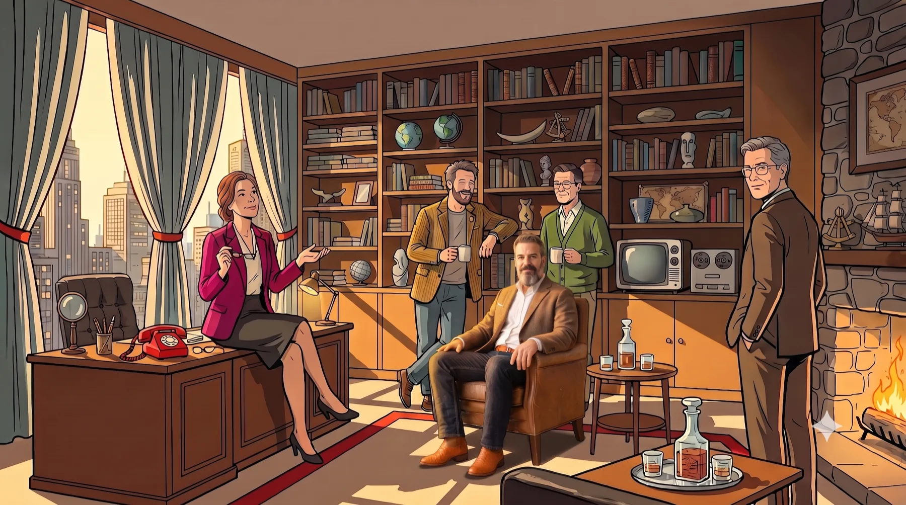 The host, photographed, seated among the show's cartoon expert cast in a study.